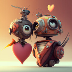 Valentine's day. Droid love with flying hearts. Illustration created with AI. Generative Ai technology.	
