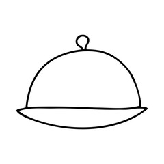 Doodle hand-drawn plate with lid illustration. Outline Food Cover Cloche Plate Platter with Domed Cover Serving Dish isolated on white background. Cozy kitchen, restaurant utensils. Vector symbol