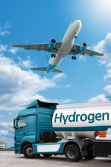 Airplane and truck with hydrogen tank trailer. Clean mobility concept	