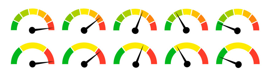 Speedometer gauge meter icons. Vector scale, level of performance. Speed indicator .Infographic of risk, gauge, score progress. - obrazy, fototapety, plakaty