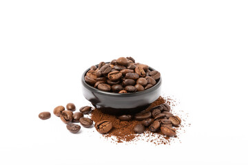 Ground coffee and beans in a bowl and loose isolated on a white background.