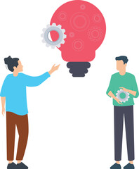 Fototapeta na wymiar Office People Work Together Setting Up Huge Light Bulbs Separated on Puzzle Pieces Standing on Ladders. Business People Teamwork. Flat Vector Illustration