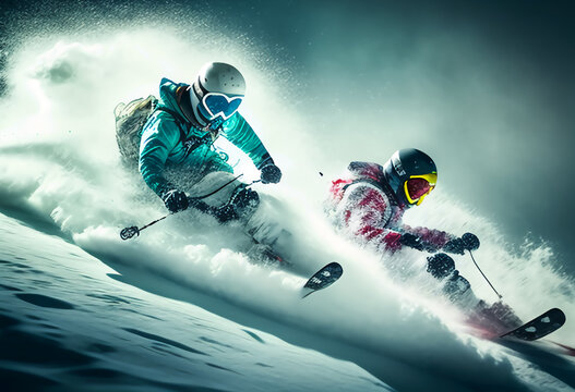 skifahren, abfahrt, schnelligkeit, wintersport, schnee, zwei, 