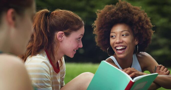 Portrait of Two Young Women Sitting in Park, Discussing Notes in a Notebook. Group of Female Multiracial College Students Enjoying the Weather and Studying Outdoors. Concept of Friendship and Support