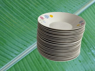 23 pieces of milky white ceramic plate with flowers design on green banana leaves