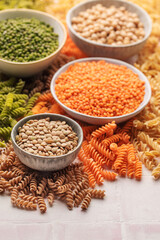 A variety of fusilli pasta from different types of legumes. Gluten-free pasta.