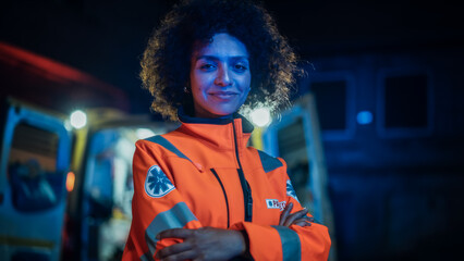 Medium Shot Portrait: Multiethnic On-site Paramedic Crossing Hands and Posing for Camera. Female Medical Specialist Working a Night Shift and Ensuring People's Safety. Powerful Woman Saving Lives