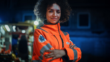 Smiling Female Paramedic Looking at Camera and Posing with Crossed Hands. A Strong Multiethnic Professional Ready for Tackling Emergencies and Treating Patients on a Late Night Shift - obrazy, fototapety, plakaty