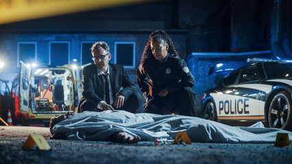 Policewoman and Male Detective Brainstorming and Discussing on a Crime Scene to Solve a Murder....