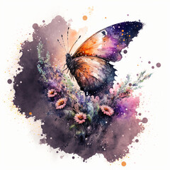 Watercolor butterfly in star and flower garden
