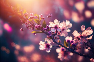 Cherry Tree Blossoms in Bloom Against a Radiant Sunburst Background, Perfect for Nature Lovers, Springtime background illustration, generative ai