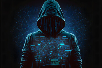 anonym hacker in front of computer, dark background, illustration digital generative ai 