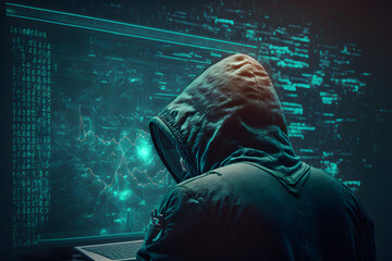 anonym hacker in front of computer, dark background, illustration digital generative ai 