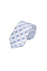 Close-up shot of an elegant light-colored tie with a blue and white geometric checked pattern. The classic checkered necktie is rolled and isolated on a white background. Top view.
