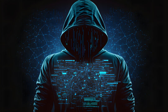 anonym hacker in front of computer, dark background, illustration digital generative ai 