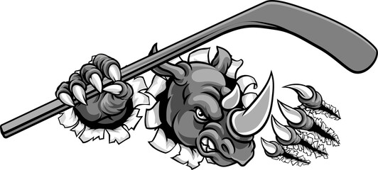 Rhino Ice Hockey Player Animal Sports Mascot