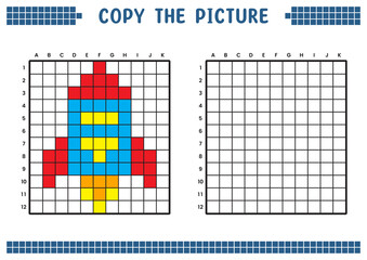 Copy the picture, complete the grid image. Educational worksheets drawing with squares, coloring cell areas. Children's preschool activities. Cartoon vector, pixel art. Space rocket illustration.