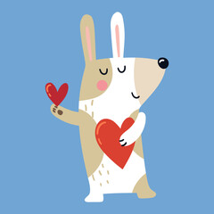 Illustration of a rabbit in love holding a heart in each of its paws, Valentine's drawing