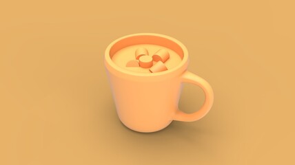 Cup of hot home holidays and Christmas drinks coffee or chocolate with sweet candy and marshmallow abstract icon style 3d rendering image front camera isometric view