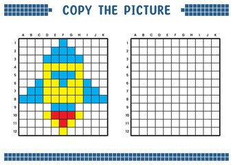 Copy the picture, complete the grid image. Educational worksheets drawing with squares, coloring cell areas. Children's preschool activities. Cartoon vector, pixel art. Space rocket illustration.