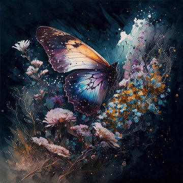 Watercolor butterfly in star and flower garden