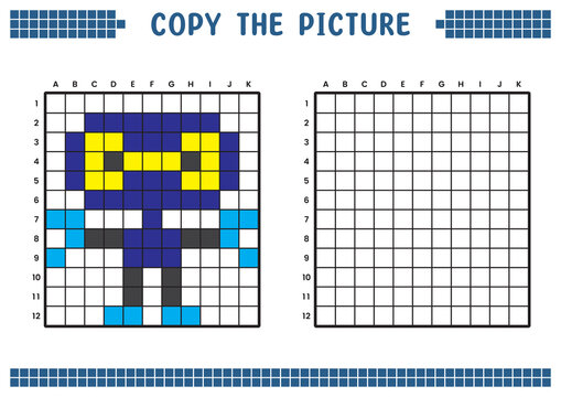Copy the picture, complete the grid image. Educational worksheets drawing with squares, coloring cell areas. Children's preschool activities. Cartoon vector, pixel art. Advanced robot illustration.
