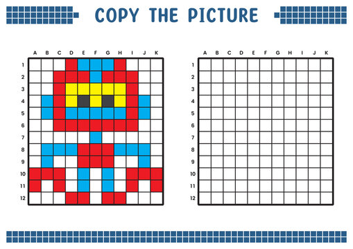 Copy the picture, complete the grid image. Educational worksheets drawing with squares, coloring cell areas. Children's preschool activities. Cartoon vector, pixel art. Mechanical robot illustration.