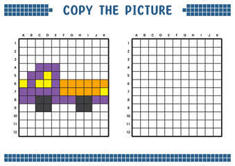 Copy the picture, complete the grid image. Educational worksheets drawing with squares, coloring cell areas. Children's preschool activities. Cartoon vector, pixel art. Pickup car illustration.