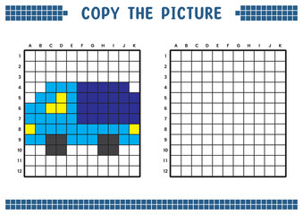 Copy the picture, complete the grid image. Educational worksheets drawing with squares, coloring cell areas. Children's preschool activities. Cartoon vector, pixel art. Car carrier illustration.