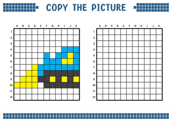 Fototapeta premium Copy the picture, complete the grid image. Educational worksheets drawing with squares, coloring cell areas. Children's preschool activities. Cartoon vector, pixel art. Loader truck illustration.