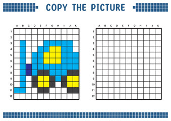 Copy the picture, complete the grid image. Educational worksheets drawing with squares, coloring cell areas. Children's preschool activities. Cartoon vector, pixel art. Forklift vehicle illustration.