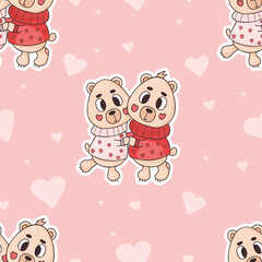 Seamless pattern with cute bears on pink background with hearts. Vector illustration. Endless background for valentines, wallpapers, packaging, print.