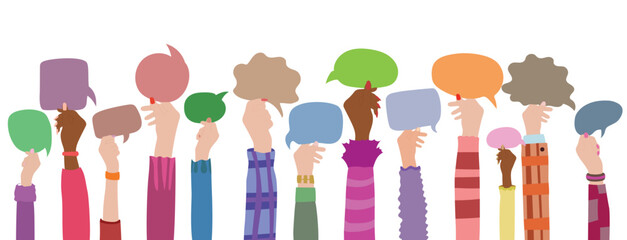A diverse group of people interacting with each other. Holding a speech bubble in the hands. Flat Vector illustration