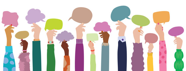 An ethnically diverse group of people holds a speech bubble in their hands. Flat Vector illustration