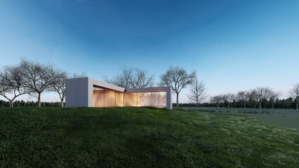 Fototapeta na wymiar Architecture 3d rendering illustration of modern minimal house with natural landscape