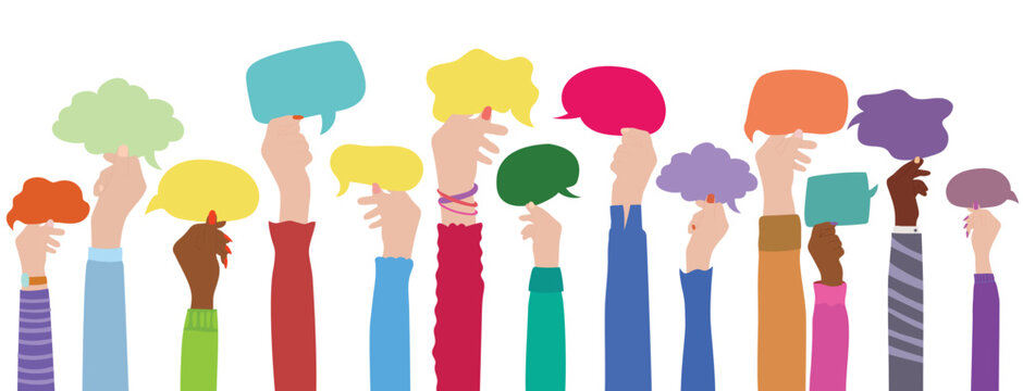 Multiethnic businesspeople hold speech bubbles in hand with raised arms. 