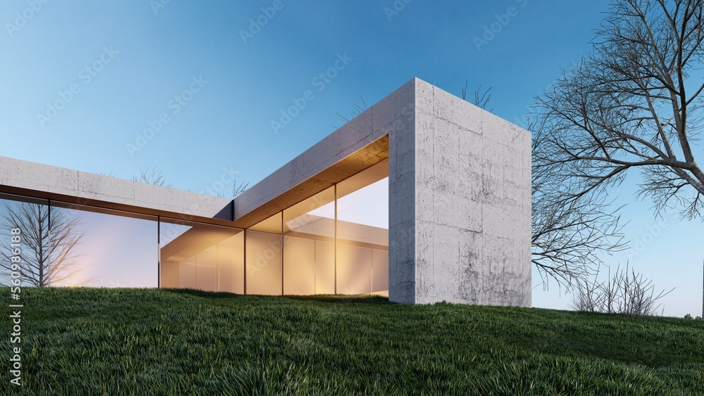 Wall mural architecture 3d rendering illustration of modern minimal house with natural landscape