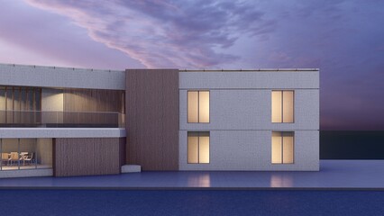 Architecture 3d rendering illustration of modern minimal house with natural landscape