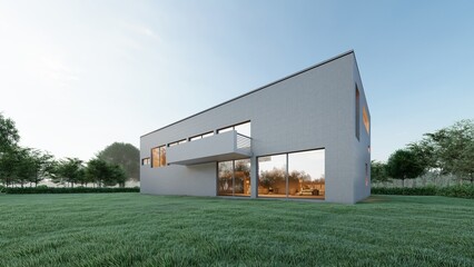 Obraz premium Architecture 3d rendering illustration of modern minimal house with natural landscape