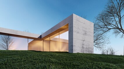 Fototapeta na wymiar Architecture 3d rendering illustration of modern minimal house with natural landscape
