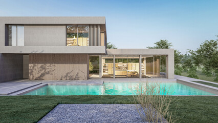 Architecture 3d rendering illustration of modern minimal house with swimming pool