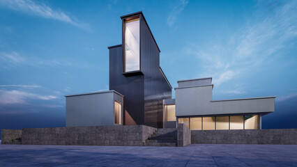 Architecture 3d rendering illustration of modern minimal house with natural landscape