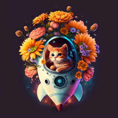 Kitten in spaceship amid flower garden