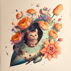 Kitten in spaceship amid flower garden