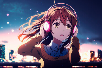 Naklejka premium Girl with headphones. Anime style wallpaper. AI 