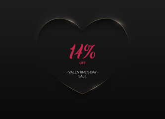 Minimalist black soft 3D heart shape abstract golden edge frame. 14 percent sale pink text. Valentine's day sale vector design illustration. Luxury geometric minimal promo poster, card, banner