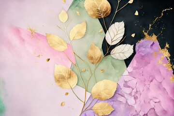 Abstract floral elements, design for prints, postcards or wallpaper with golden elements. AI