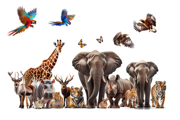 Collection of wild animals, elephant, tiger, deer, rabbit, parrot, eagle, hippo, giraffe, rhino on...