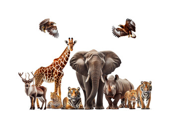 AI generative Collection of wild animals, elephant, tiger, deer, rabbit, parrot, eagle, hippo, giraffe, rhino on white background. - obrazy, fototapety, plakaty