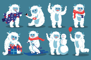 Cute Yeti set icons concept without people scene in the flat cartoon design. Yeti monster is playing winter games and preparing for Christmas. Vector illustration. - obrazy, fototapety, plakaty